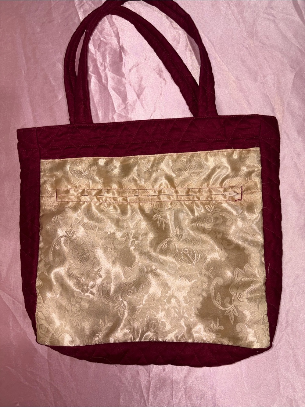 Quilted Burgundy and Gold Satin Tote Bag